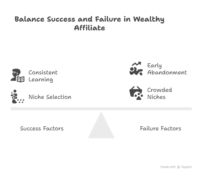 A balance scale diagram shows Success Factors like consistent learning and niche selection in the Wealthy Affiliate program on the left, and Failure Factors like early abandonment and crowded niches on the right. Title: Balance Success and Failure in Wealthy Affiliate.