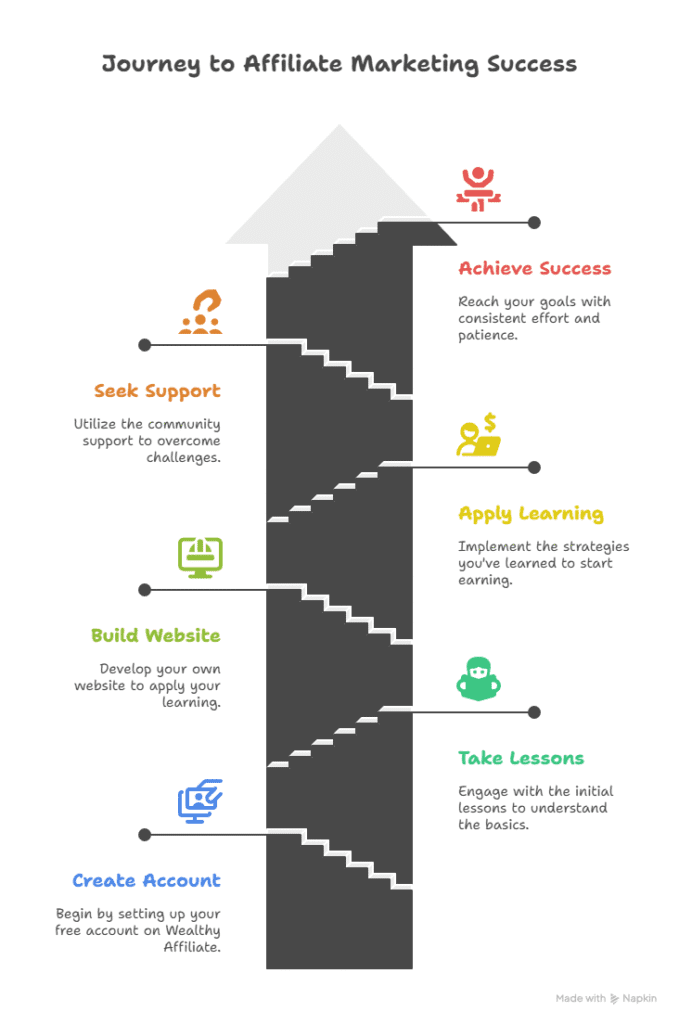 A staircase graphic illustrates six steps to affiliate marketing success with the Wealthy Affiliate program: Create Account, Build Website, Seek Support, Take Lessons, Apply Learning, and Achieve Success—each marked by a fitting icon and description.