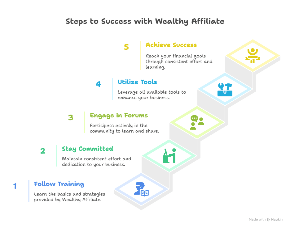 A five-step staircase infographic titled “Steps to Success with Wealthy Affiliate,” outlines how to get the most from the Wealthy Affiliate program: Follow Training, Stay Committed, Engage in Forums, Utilize Tools, and Achieve Success—all with icons and tips.