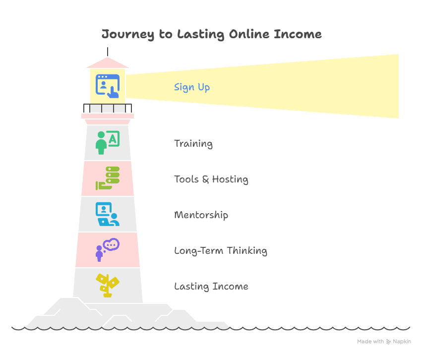 Illustration of a lighthouse labeled Journey to Lasting Online Income, highlighting steps in the Wealthy Affiliate program: Sign Up, Training, Tools & Hosting, Mentorship, Long-Term Thinking, and Lasting Income arranged top to bottom.
