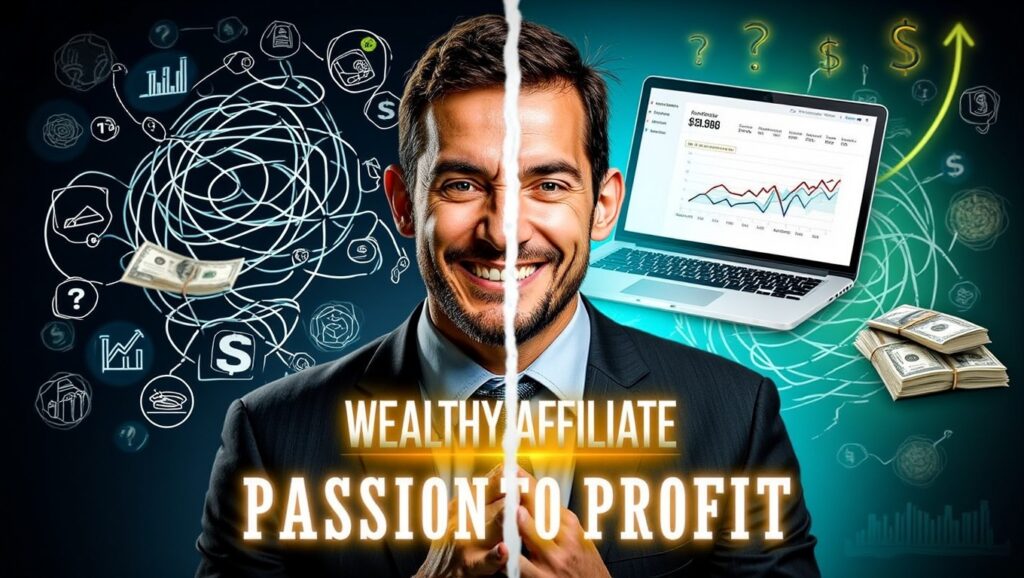 A man in a suit stands smiling with half his face serious, surrounded by icons, money, and a laptop showing rising profits. Text reads Wealthy Affiliate program: Passion to Profit.