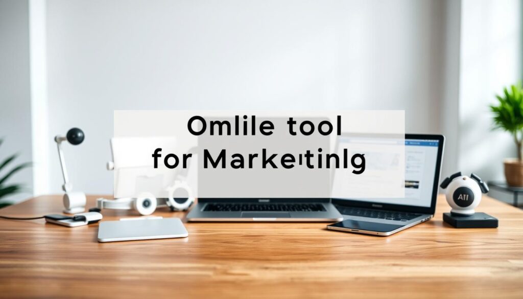 a professional photography of a group of various AI and online tools for bloggers, including a laptop, tablet, smartphone, and other digital devices, arranged on a wooden table in a well-lit, minimalist studio setting. The tools are displayed in the foreground with a blurred background, creating a focus on the "Online tools for Marketing" brand. The lighting is soft and natural, showcasing the tools' features and capabilities. The overall mood is sleek, modern, and showcases the power of AI-driven technology for bloggers. Best AI tools for blog writing displayed on a wooden table with laptop, tablet, and smartphone in a modern, well-lit studio; sleek and tech-focused setup.
