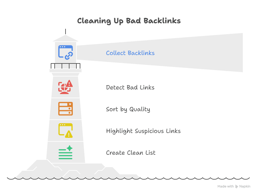 A lighthouse illustration labeled How to Remove Bad Backlinks displays steps: Collect Backlinks, Detect Bad Links, Sort by Quality, Highlight Suspicious Links, and Create Clean List, with icons representing each step.