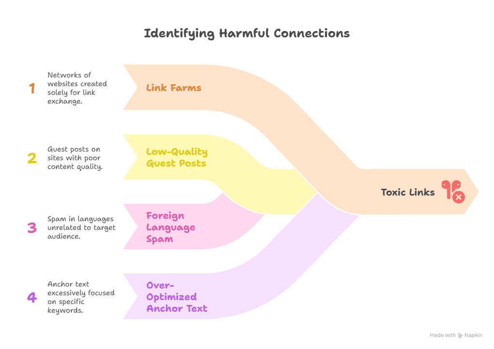 A flowchart titled Identifying Harmful Connections lists four types: link farms, low-quality guest posts, foreign language spam, and over-optimized anchor text—all crucial to spot when learning How to Remove Bad Backlinks.