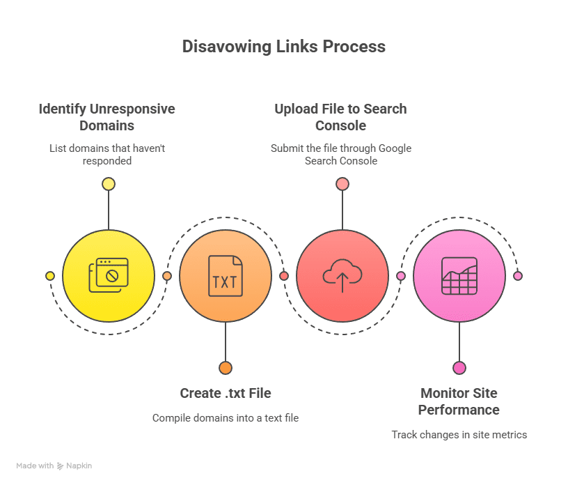 A four-step diagram illustrates How to Remove Bad Backlinks: identify unresponsive domains, create a .txt file, upload it to Google Search Console, and monitor site performance. Each step features a distinct colored icon.