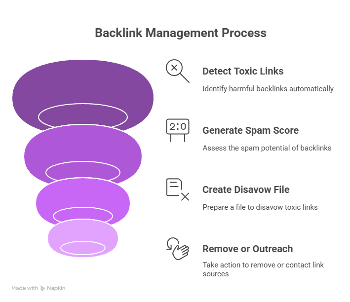 A four-step “How to Remove Bad Backlinks” management funnel: detect toxic links, generate spam score, create disavow file, and remove or outreach. Each step is shown in a descending purple funnel segment with icons and brief descriptions.