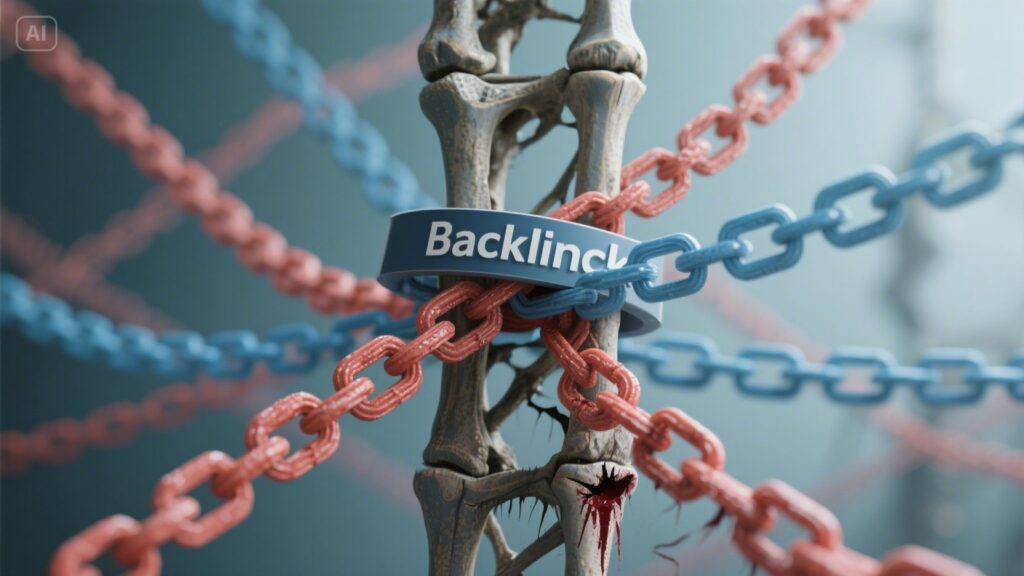 A close-up of a spine wrapped tightly with pink and blue chains; a ring labeled Backlink encircles a vertebra. Blood is visible on the bone, hinting at pain or injury—symbolizing the struggle of how to remove bad backlinks.