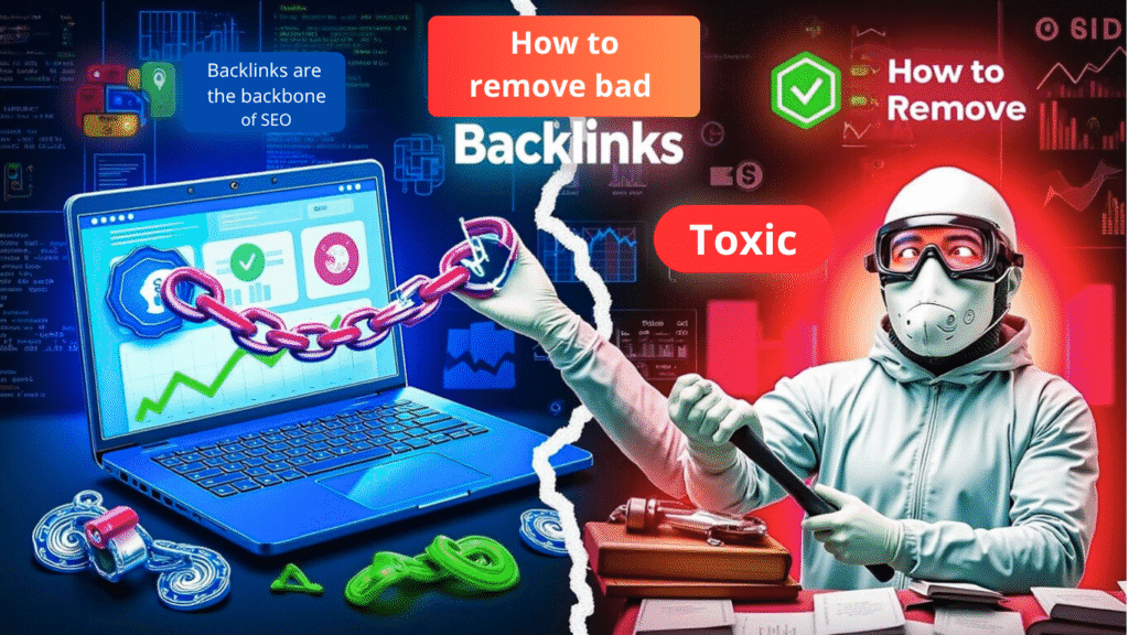 A split image displays a laptop with strong backlinks on the left and, on the right, a person in hazmat gear surrounded by warnings like toxic and How to Remove Bad Backlinks, symbolizing effective toxic backlink removal.