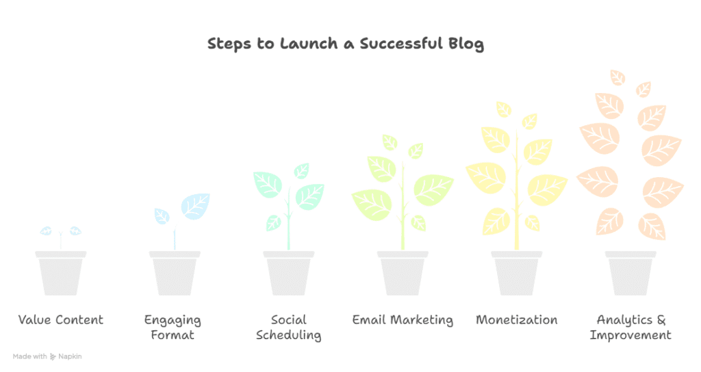 Six potted plants increasing in size, each labeled with a blog step: Value Content, Engaging Format, Social Scheduling, Email Marketing, Monetization, and Analytics & Improvement. Title reads Steps to Launch a Successful Blog with Beginner Blogging Tips.