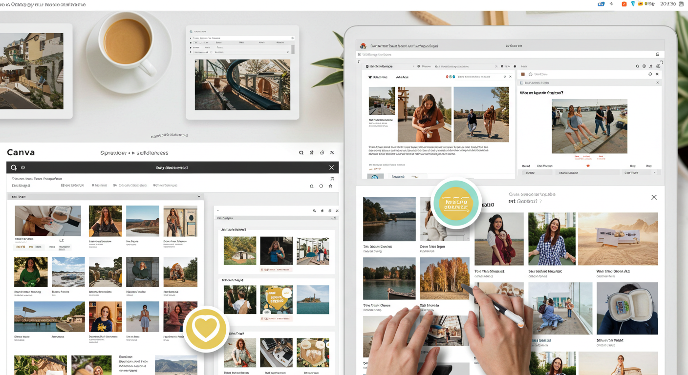 A collage of four computer screens displays image galleries, photo editing, and social media interfaces—showcasing visual strategy tools—while hands use a tablet and stylus in the lower right corner. A coffee cup and plant add warmth to the workspace.