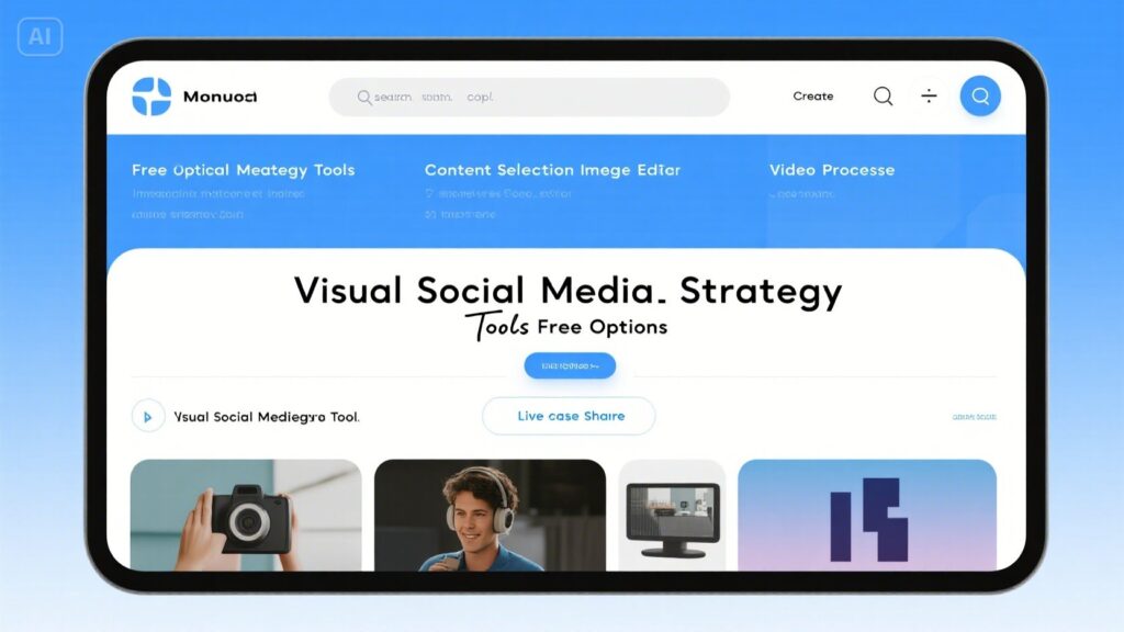 A tablet screen displays a website called Monuoci, featuring Visual Strategy Tools for social media, content selection, and video processing options. Thumbnails with people, cameras, and graphics appear below the main header.