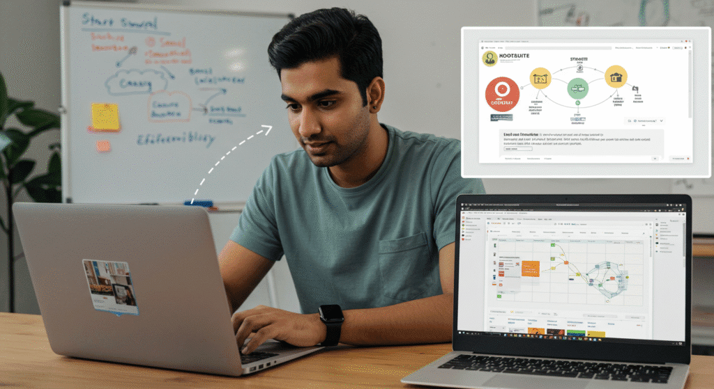 A man works at a desk with a laptop, using Visual Strategy Tools to view flowcharts on the screen. A whiteboard with notes and diagrams is in the background, and an inset shows detailed charts on two computer screens.