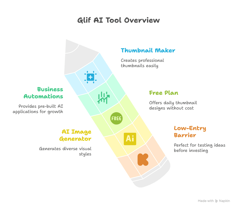A diagram resembling a colored pencil labeled Glif Thumbnail Maker AI Tool Overview, highlighting features: Free Plan, Low-Entry Barrier, AI Image Generator, and Business Automations.
