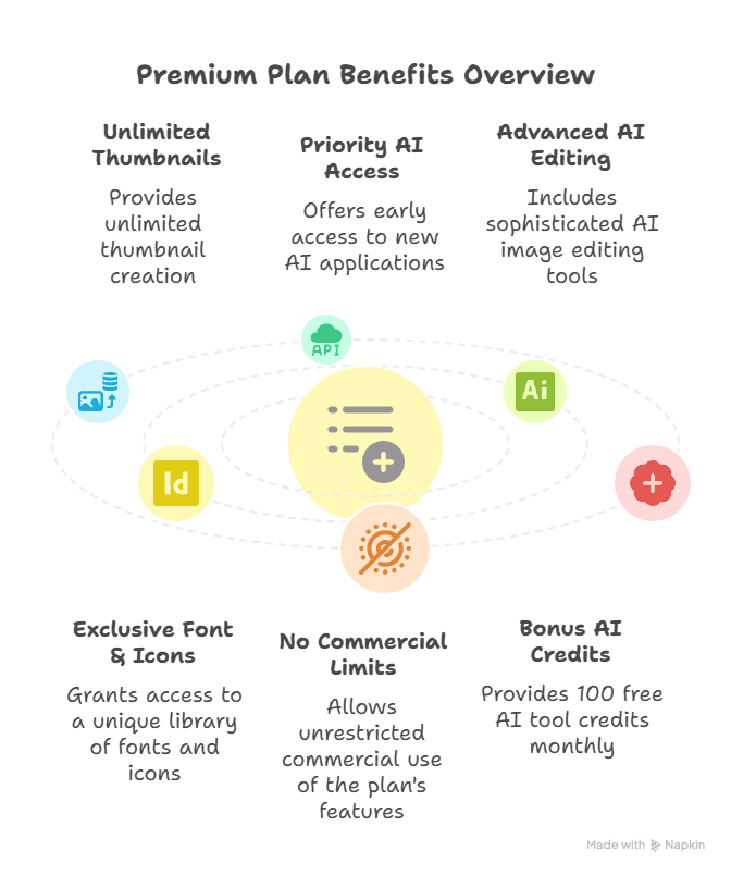 An infographic titled Premium Plan Benefits Overview lists six features: unlimited thumbnails, priority AI access, advanced AI editing, exclusive font & icons, no commercial limits, and bonus AI credits—enhanced by the Thumbnail Maker AI Tool—with related icons around the text.