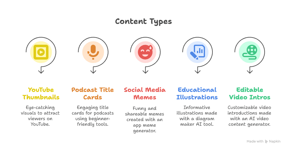 A diagram titled Content Types shows five categories: YouTube Thumbnails, Podcast Title Cards, Social Media Memes, Educational Illustrations, and Editable Video Intros—each with icons and short descriptions featuring the Thumbnail Maker AI Tool.