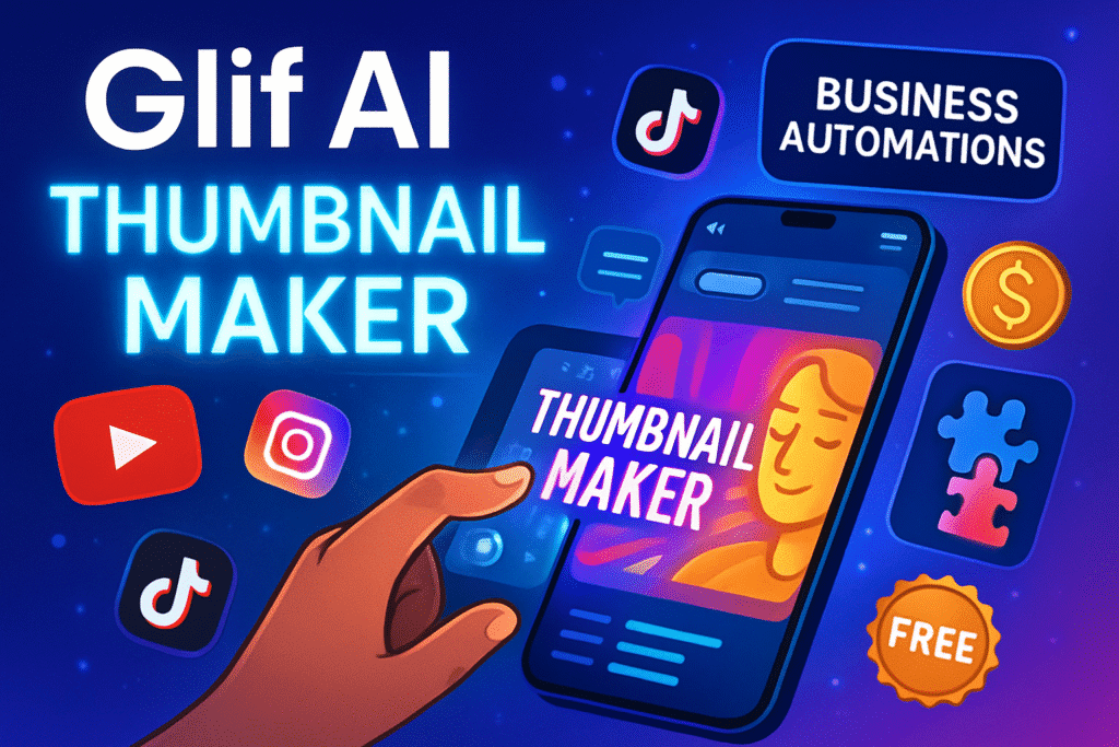 A hand taps a smartphone displaying THUMBNAIL MAKER. Icons for YouTube, Instagram, TikTok, and a puzzle piece labeled FREE appear with coins and the text Glif Thumbnail Maker AI Tool and BUSINESS AUTOMATIONS on a blue background.