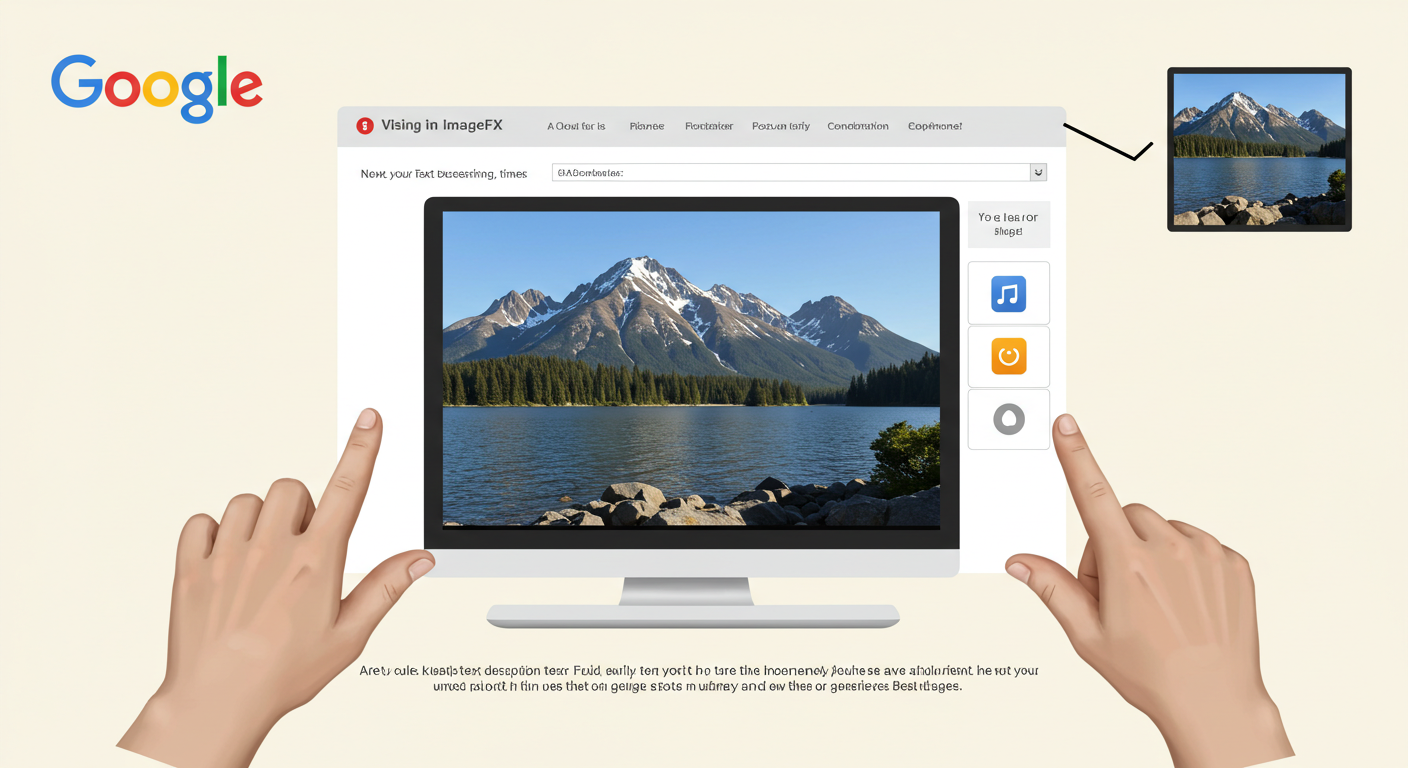 A computer screen displays a mountain lake photo with editing options, while hands point at the monitor. A small preview of the same photo appears in the top right corner on a beige background, highlighting how to Make Image Unique Online.