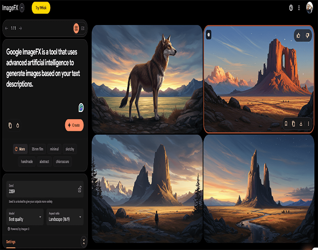 Screenshot of ImageFX, an AI image generator. The prompt features a wolf and desert scenery, with three unique landscape images—showcasing how you can Make Image Unique Online using creative AI prompts and vivid visuals.