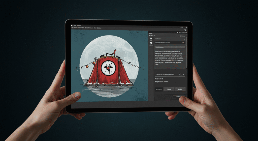 A person holds a tablet displaying digital art of a red tent with a clock face, birds, and a full moon. The right side features an image editing interface with Make Image Unique Online options and text.