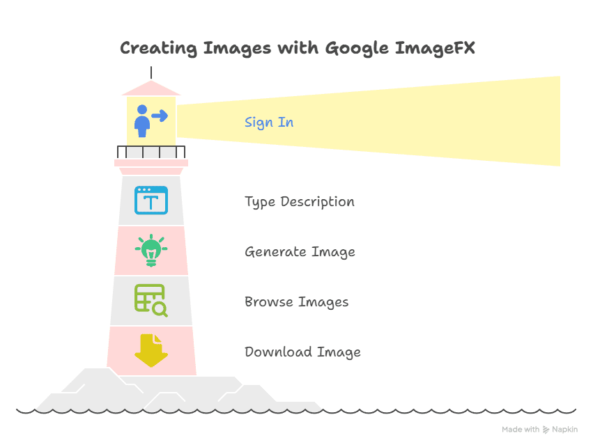 A lighthouse illustration with a yellow beam displaying Sign In. Steps listed: Type Description, Generate Image, Make Image Unique Online, Download Image. Title reads Creating Images with Google ImageFX.