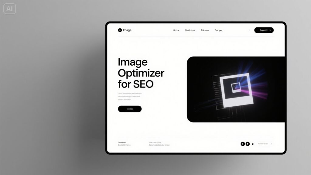 A computer screen displays a website for an Image Optimizer to boost speed and SEO, featuring a minimal design with black and white text on the left and a digital abstract image on the right. Navigation links are at the top.