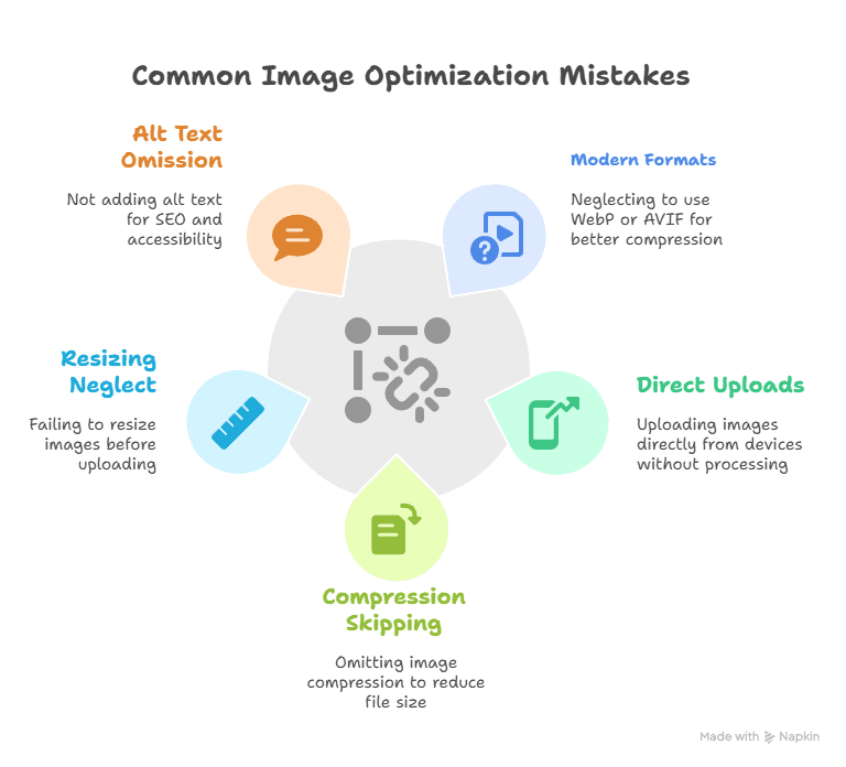 An infographic titled Common Image Optimization Mistakes lists five mistakes—alt text omission, not using modern formats, direct uploads, skipping compression, and resizing neglect—all of which an image optimizer can fix to boost speed and SEO. Each has a brief description and icon.