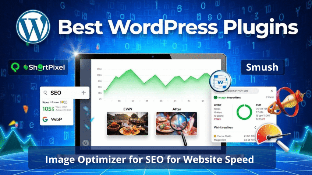 A promotional graphic for WordPress plugins shows a tablet with SEO and image analysis charts, featuring plugin logos like ShortPixel and Smush, and text: Image Optimizer to Boost Speed and SEO for your website.