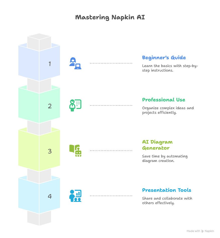 A vertical graphic titled Mastering Napkin AI with four stacked cubes labeled 1 to 4, each linked to sections: Beginner’s Guide, Professional Use, AI Diagram Generator, and Presentation Tools—showing the easiest way to visualize ideas with the Napkin AI Tool.