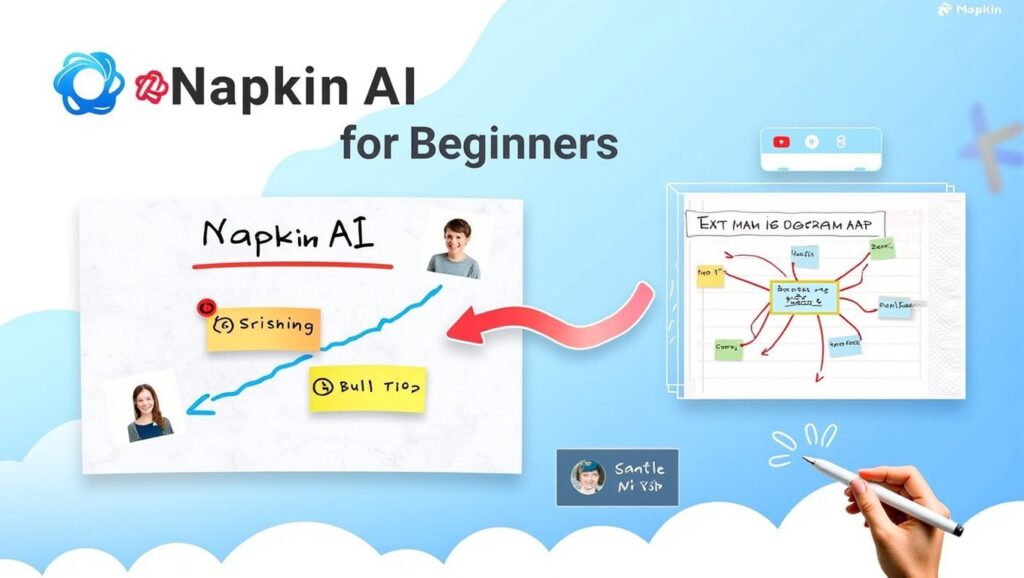 Napkin AI for Beginners uses the Napkin AI Tool to visualize ideas, featuring diagrams like flowcharts and graphs labeled Srisling and Bull Tip, with profile photos, digital drawing tools, and handwritten notes for easy AI visualization.