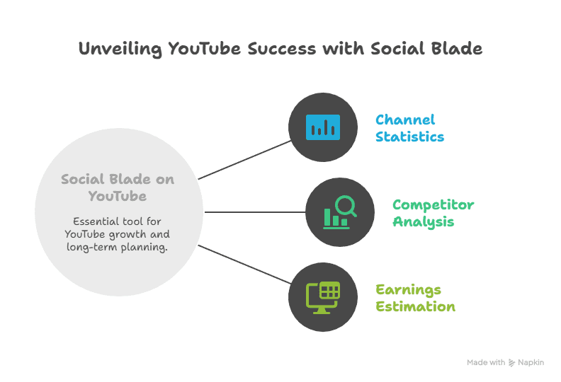 Diagram titled Unveiling YouTube Success with Social Blade, illustrating key features such as Channel Statistics, Competitor Analysis, and Earnings Estimation—helpful for learning how to use Social Blade on YouTube.