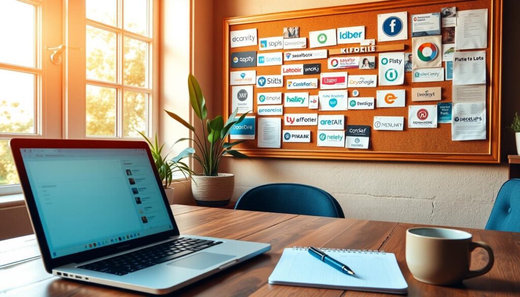 Cozy home office with laptop and notebook on a wooden desk, showcasing logos of the best affiliate programs on a bulletin board.