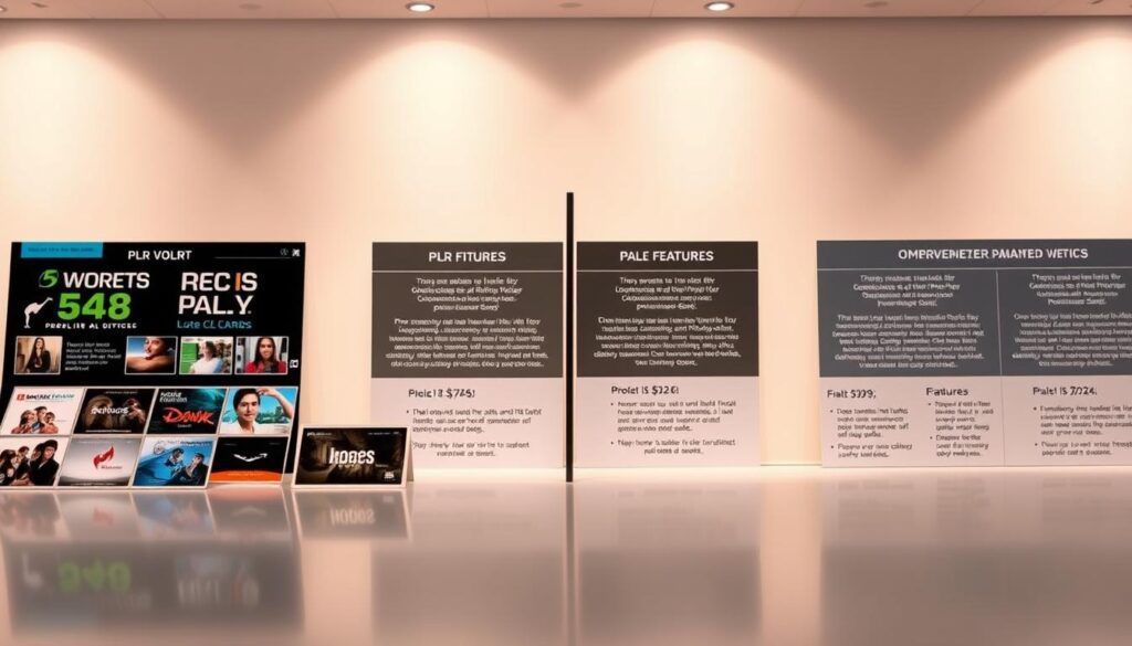 A side-by-side comparison of top-rated PLR websites, showcased in a sleek, modern interface. In the foreground, high-quality product thumbnails are neatly arranged, inviting exploration. The middle ground features detailed information panels, highlighting key features and pricing structures of each platform. The background exhibits a minimalist, yet sophisticated design, with subtle gradients and clean lines that accentuate the professional tone. Soft, directional lighting casts a warm, inviting glow, creating a sense of authority and trust. The overall composition conveys a sense of clarity, credibility, and informed decision-making, perfectly suited for the "Free vs. Paid PLR Websites" section of the article. Side-by-side view of the best PLR websites, showing product thumbnails, key features, and pricing in a clean, modern layout that builds trust.