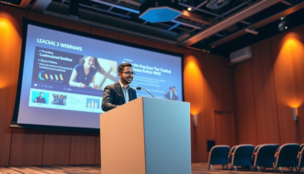 A dynamic webinar scene with a speaker and visuals, showcasing one of the best free lead magnet ideas for audience engagement.