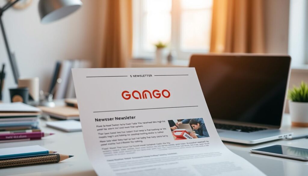 Minimalist newsletter with a prominent sponsor logo, displayed on a modern desk. Perfect example to find newsletter sponsorships with a clean, professional look.