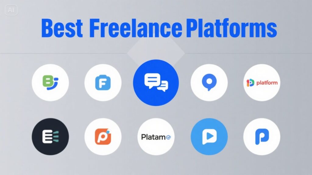 Illustration of freelancers working on laptops with icons of the best freelance platforms in the background.