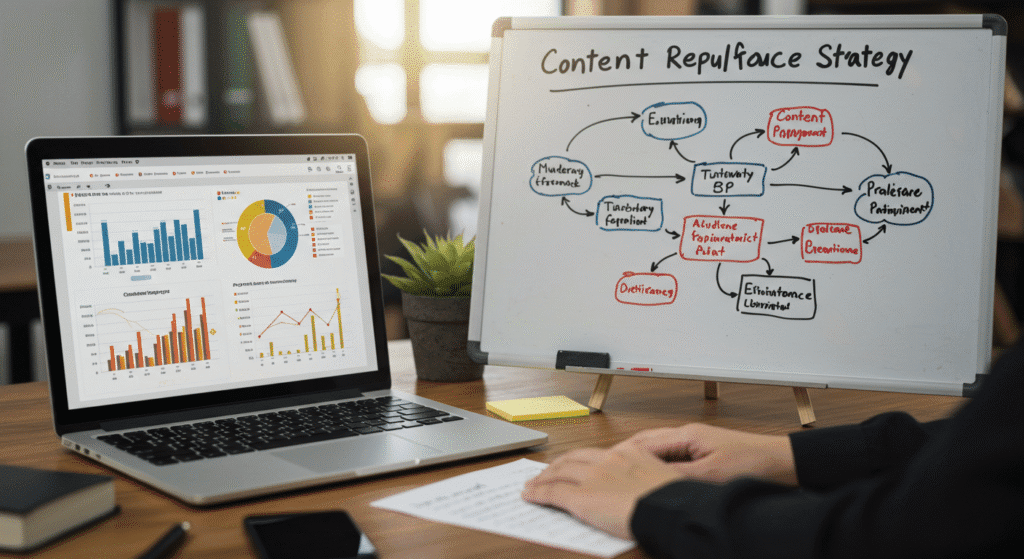 Diagram labeled "Content Repurpose Strategy" drawn on a whiteboard illustrating the phases of Auto Content Repurposing Software process, with a laptop showing charts and analytics on a desk.