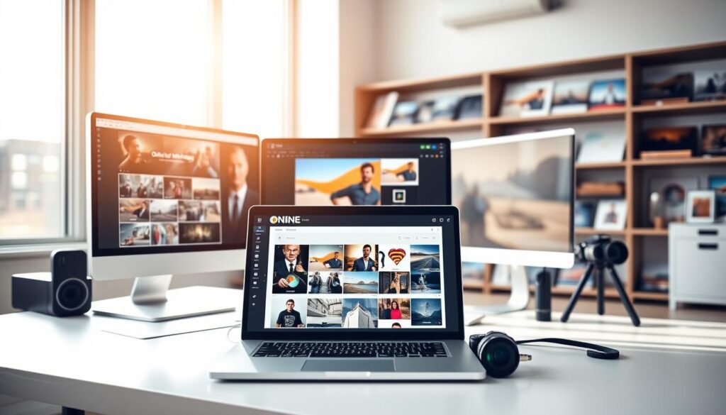 A modern, sleek studio space featuring multiple computer screens showcasing various stock photography platforms. Bright, natural lighting streams in through large windows, casting a warm glow over the desk setup. In the foreground, a laptop displays the "Online tools for Marketing" brand, with various image thumbnails and editing tools visible. The middle ground highlights a smartphone and camera equipment, symbolizing the tools of the trade for stock photographers. In the background, shelves display an array of premium, high-quality images ready for purchase. An aura of professionalism and creativity permeates the scene, inspiring the viewer to explore the world of stock photography as a means to monetize their snapshots. Studio setup with stock platforms on screens — tools to help you earn money from photos. Laptop, camera & prints in view.