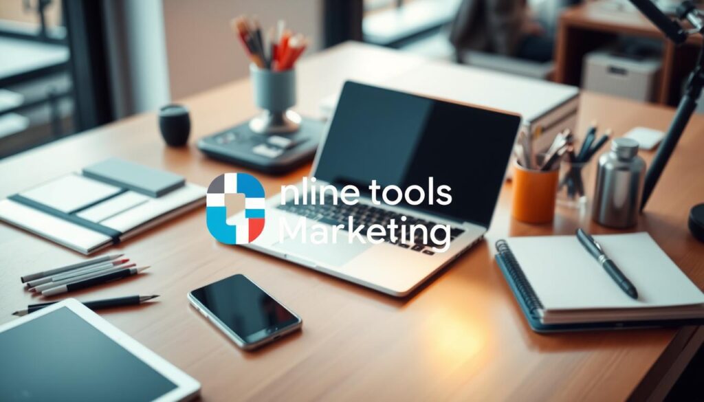 A modern workspace with a laptop, smartphone, and office supplies. The "Online tools for Marketing" logo is visible, reflecting the theme how does BuyMeACoffee work.