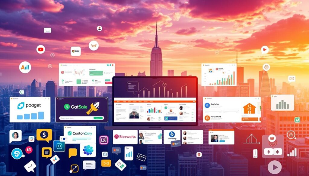 Visual representation of Flippa businesses for sale, featuring website icons from various niches like e-commerce, SaaS, and content. Includes interface elements like charts and testimonials, set against a cityscape symbolizing global digital reach.
