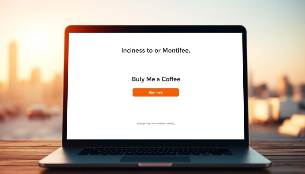 A vibrant digital payment scene for Online tools for Marketing, featuring a "Buy Me a Coffee" button and a laptop, showing how does BuyMeACoffee work.