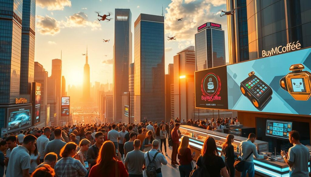 A futuristic cityscape with people using mobile devices and a cafe showcasing BuyMeACoffee features, illustrating how does BuyMeACoffee work.