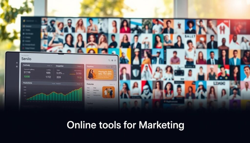 Clean marketplace website dashboard with analytics tools, vendor options, and product listings – branded "Online tools for Marketing". 