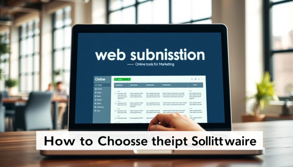 User interacts with free web submission software on a sleek laptop in a bright, modern office, highlighting ease of use.
