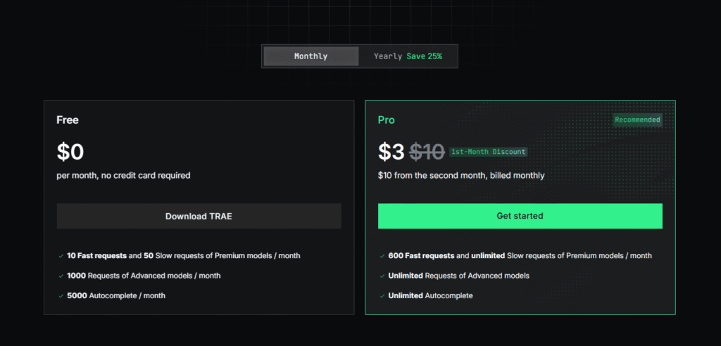 A vibrant and modern pricing table for the "Trae AI" developer tool, showcasing its various subscription plans. In the foreground, three distinct plan options are displayed on sleek, minimalist cards with clear pricing, features, and call-to-action buttons. The middle ground features a clean, white background with subtle grid lines, creating a sense of organization and structure. In the background, a soft, blurred gradient of warm tones, such as oranges and yellows, provides a welcoming and professional atmosphere, complementing the "Trae AI" branding. The overall composition conveys a sense of simplicity, clarity, and the value proposition of the tool, making it an effective visual representation of the "Pricing Plans for Trae AI" section.