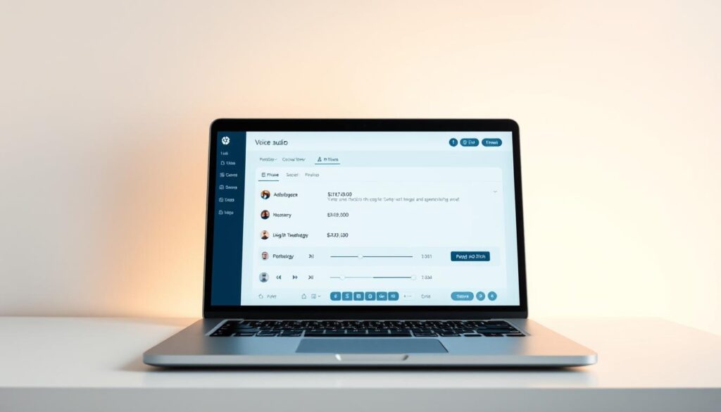 A sleek laptop displays a user-friendly interface of a free text to speech AI tool, with voice options, pitch and speed controls, set against a clean white background.