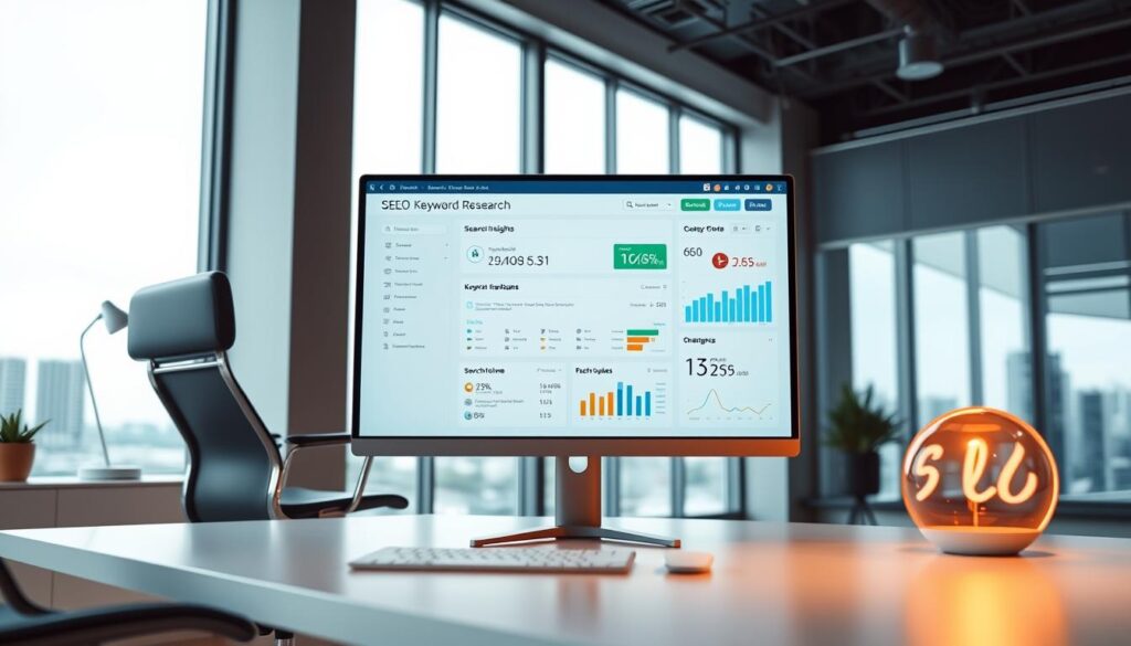 Modern workspace with a large monitor showing an Free Online SEO Tools Service research dashboard, stylish desk setup, and data charts highlighting keyword insights in a bright, professional setting.