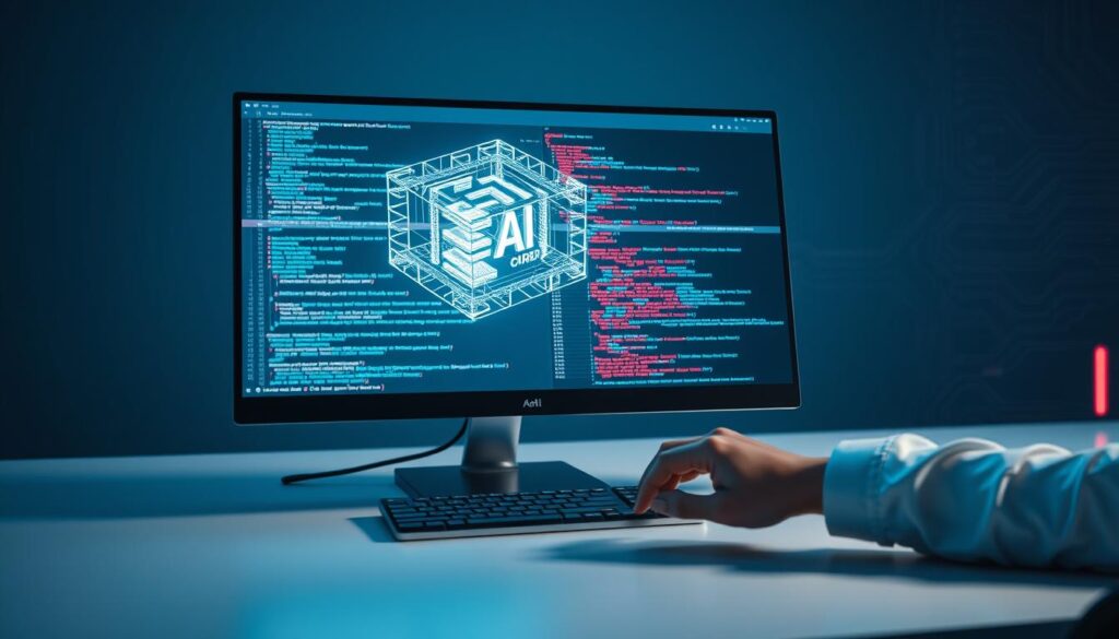 A sleek, minimalist workspace showcases a desktop computer displaying a vibrant, interactive AI code generation interface. The foreground features a developer's hands expertly crafting lines of code, while the middle ground highlights a floating 3D model of a complex software architecture. The background subtly incorporates glowing circuit board patterns and subtle neon accents, creating a futuristic, high-tech atmosphere. Soft, directional lighting casts dramatic shadows, emphasizing the depth and precision of the scene. An aura of innovation and effortless AI development permeates the entire composition. Hands-on coding with the Free Bolt.new AI code generator at a sleek desk, surrounded by futuristic visuals and a 3D model of software architecture.