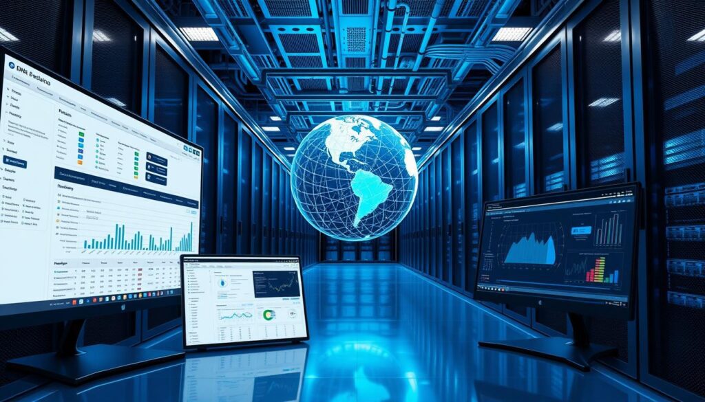 Online DNS testing service tool with a modern interface, network diagnostic dashboards, global connectivity symbol, and a high-tech data center in the background.