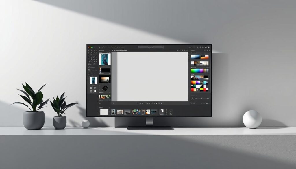 A modern graphic design workspace using a VistaCreate or Canva tool, with a clean interface, soft tones, and intuitive tools for creating visual content.