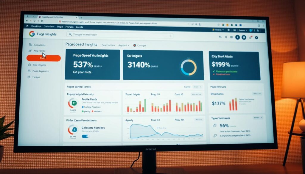 Dashboard of the Google PageSpeed Insights tool displayed on a sleek, modern monitor with performance metrics, charts, and a cursor hovering over the "Get Started" button.
